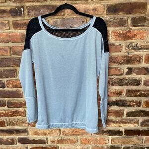 Z by Zella Gray Striped Black Mesh Long Sleeve Top Women's Size Medium